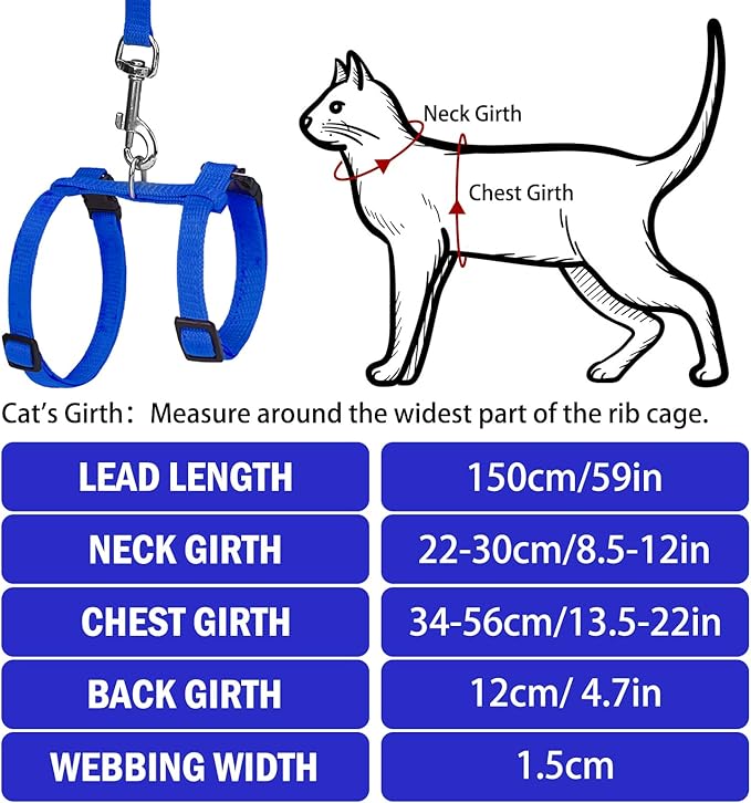 PUPTECK Adjustable Cat Harness and Leash Set Escape Proof Kitten Strap Collar for Walking Travel, Blue, M