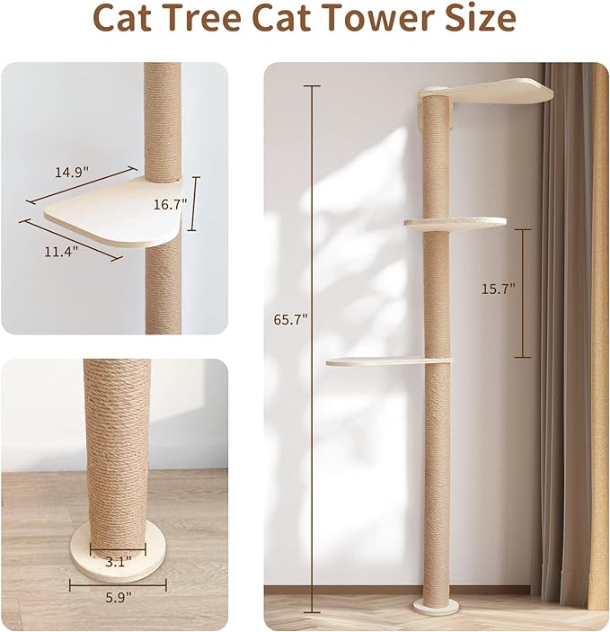 Wood Cat Tower Floor to Ceiling Adjustable, Tree Tall Cat Scratching Post, Cat Tree with 3-Tier Floor for Climb, Cat Climbing Tower Vertical with Natural Sisal Rope