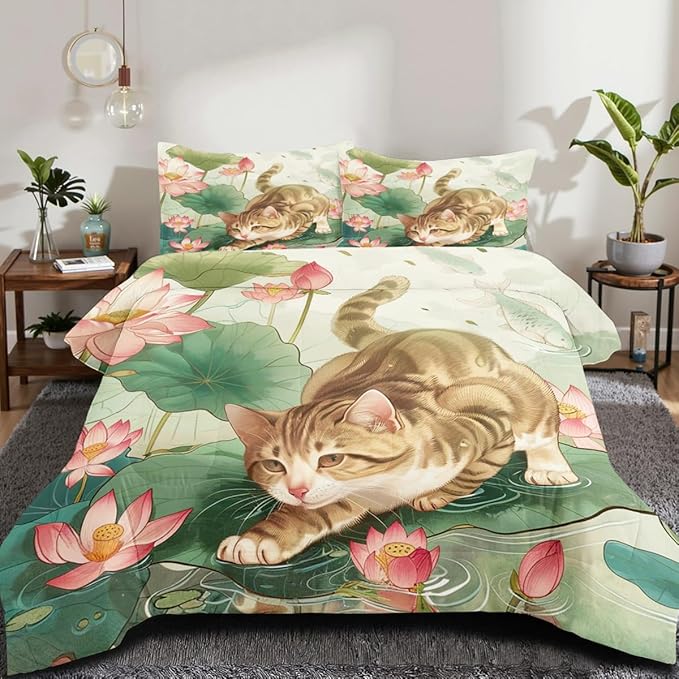 Aesthetic Summer Painting Comforter Set Queen Size Kids Rustic Floral Bedding Set with Kawaii Kitten Comforter Modern Bedroom Decor Bedding Set