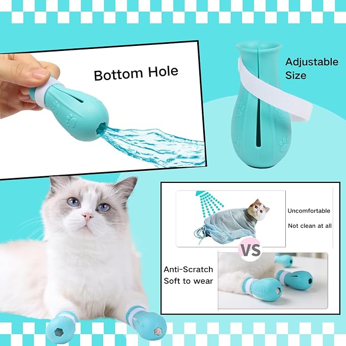 6Pcs Adjustable Silicone Cat Scratch Proof Boots with Pet Nail Clipper and Comb for Bathing and Grooming Feet Cover Cat Foot Cover for Home Pet Dog Ferret Rabbit Guinea Pig (Blue)