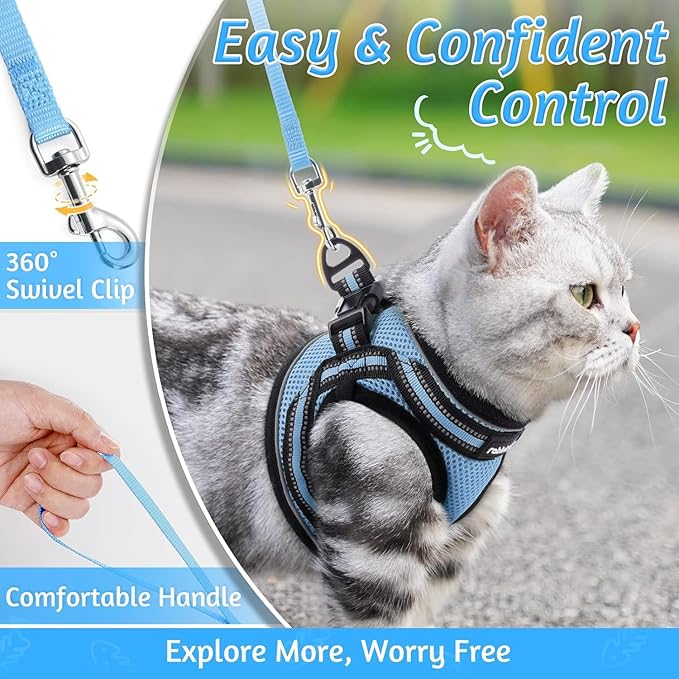 rabbitgoo Cat Harness and Leash Set for Walking Escape Proof, Adjustable Soft Kittens Vest with Reflective Strip for Cats, Comfortable Outdoor Vest, Light Blue, XL