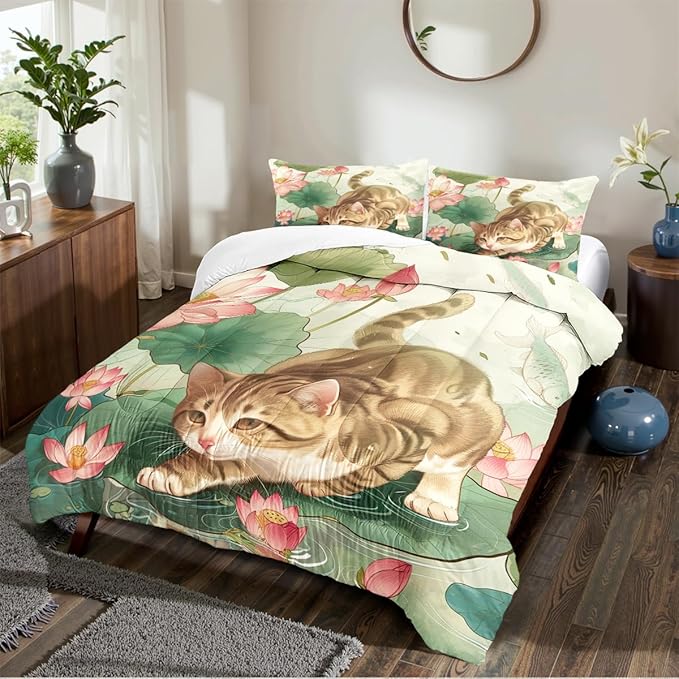 Aesthetic Summer Painting Comforter Set Queen Size Kids Rustic Floral Bedding Set with Kawaii Kitten Comforter Modern Bedroom Decor Bedding Set