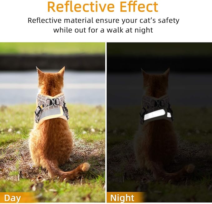 Cat Vest Harness and Small Dog Vest Harness for Walking, All Weather Mesh Harness, Cat Vest Harness with Reflective Strap, Step in Adjustable Harness for Small Cats (Khaki-Pattern, XS)