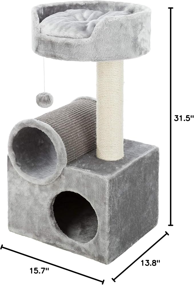 TRIXIE Tolar Cat Scratching Post 31.5 Inch - with Durable Sisal Rope and Tunnel, Condo, Platform with Removable Cushion & Dangling Cat Toy - in Gray