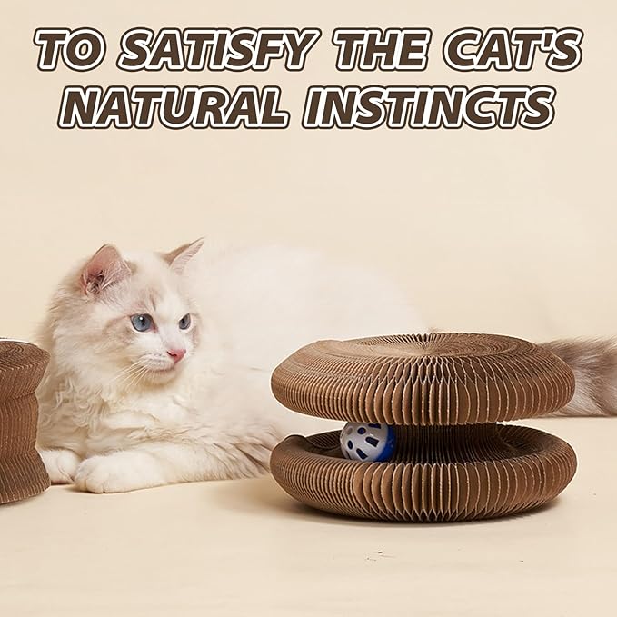 Magic Organ Cat Scratching Board, Interactive Scratch Pad with a Ball, Cat Scratcher for Grinding Claw, Recyclable and Durable, Furniture Protector, Retractable, Reversible (Round -1 Pack)