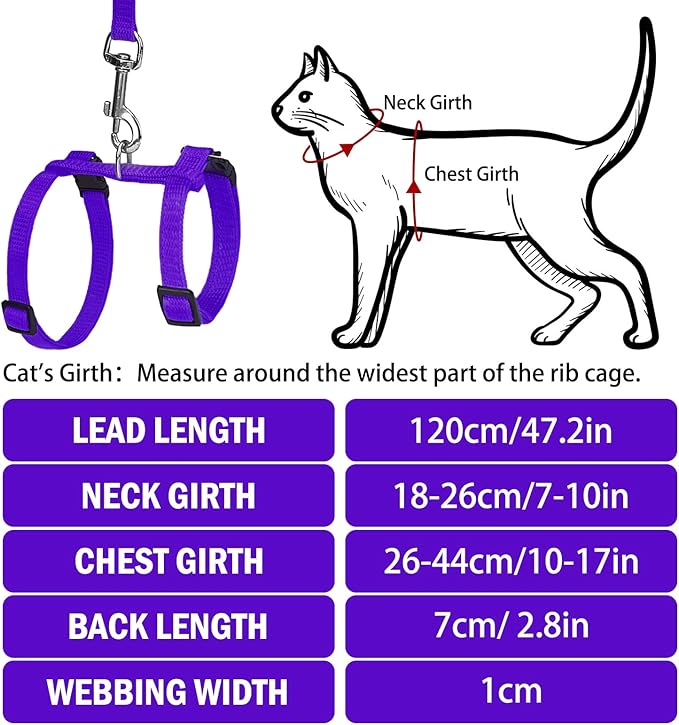 PUPTECK Adjustable Cat Harness and Leash Set Escape Proof Kitten Strap Collar for Walking Travel, Purple