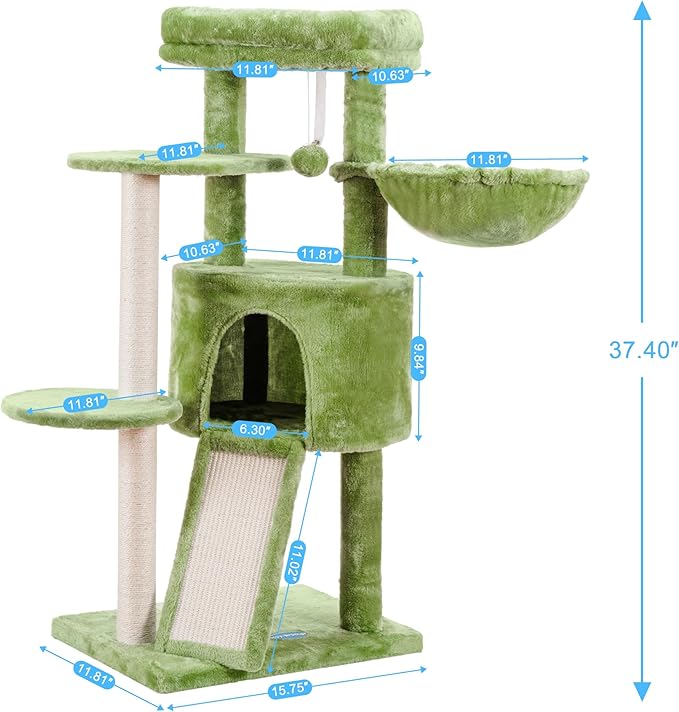 Hey-brother Cat Tree with Scratching Board, Cat Tower with Padded Plush Perch and Cozy Basket, Multi-Platform for Jump, Green MPJ005GR