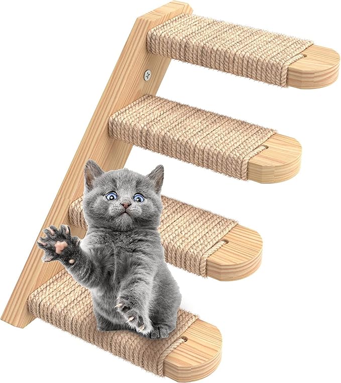 Skywin Cat Steps - Solid Rubber Wood Cat Stairs Great for Scratching and Climbing - Easy to Install Wall Mounted Cat Shelves for Playful Cats (Wood)