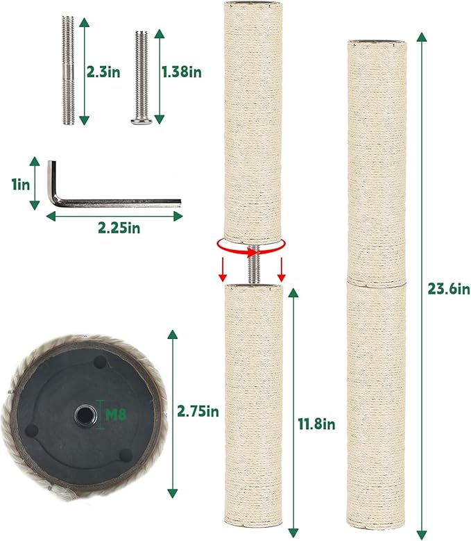 BNOSDM 4 Pcs 11.8”x2.75” M8 Replacement Scratching Post for Cat Tree Tower Rope Scratch Poles Refill Sisal Pole Part for Refurbishment Hemp White