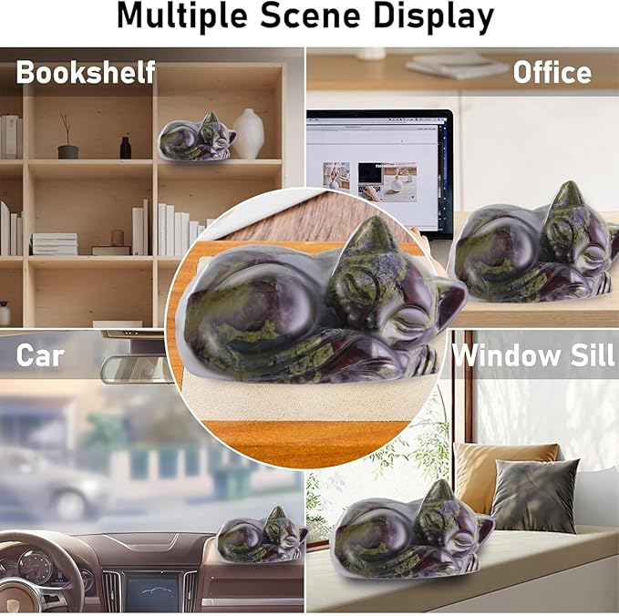 2" Sleeping Cat Statue Dragon Blood Healing Crystals Hand Carved Cute Kitten Figurine, Worry Stone for Anxiety Relif Home Desk Decor Animal Figurine