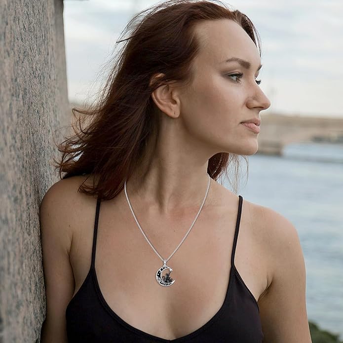 Aniu S925 Sterling Silver Cat Necklace for Women - Moon Pendant Jewelry, Gifts for Cat Lovers