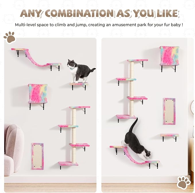 COZIWOW Cat Wall Shelves, Wall-Mounted Cat Climber Set of 5, Floating Cat Perches, Hanging Cat Beds, Modern Cat Furniture for Large Cats or Kitty (Colorful)