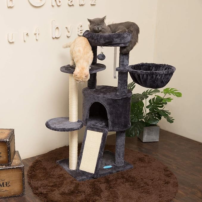 Hey-brother Cat Tree with Scratching Board, Cat Tower with Padded Plush Perch and Cozy Basket, Multi-Platform for Jump, Smoky Gray MPJ005G
