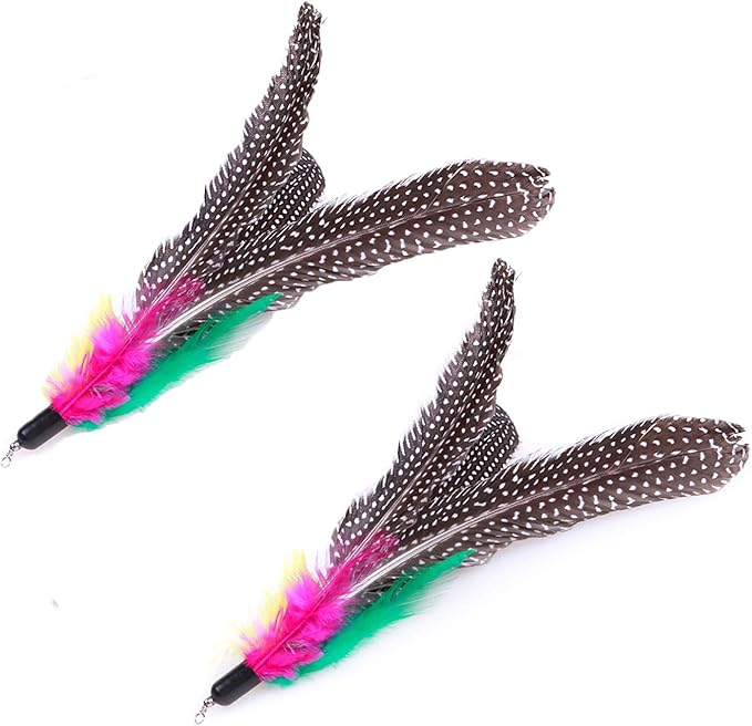 2 Pcs Cat Toys Kitten Toys Assortments, Cat Feather Teaser - Wand Interactive Feather Toy Fluffy Mouse, Bells for Cat, Puppy, Kitty, Kitten CT15-1 Pearl Feather