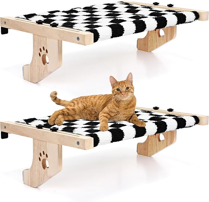 Suzile 2 Set Cat Window Sill Perch with Sturdy Solid Wood Frame Cat Window Hammock with Flannel Mat Adjustable Cats Seat Bed Shelves for Windowsill, Bedside, Drawer and Cabinet up to 33 Lbs