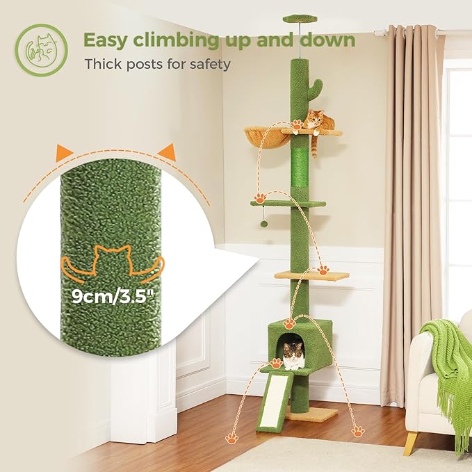 PETEPELA Floor to Ceiling Cat Tree, Cat Tower 5 Tiers Tall (83-108 Inches) Adjustable Height, Cat Climbing Tree Featuring with Cat Condo, Cat Scratching Post and Cat Perches for Indoor Cats, Green