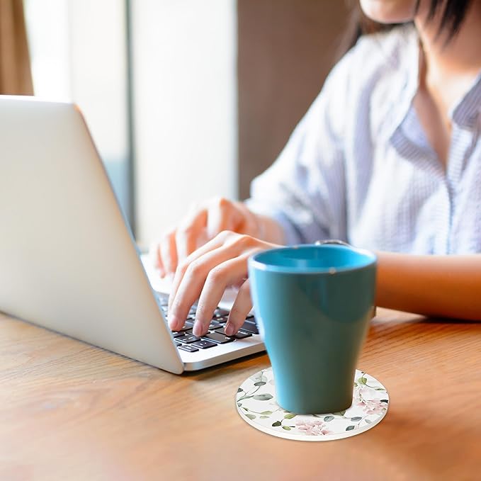 6 Pcs Drink Coasters with Holder,Abstract Watercolor Floral Green Leaves Absorbent Round Ceramic Coaster for Tabletop Protection,for Coffee Cup Beverage Coasters Wine Beer Bar