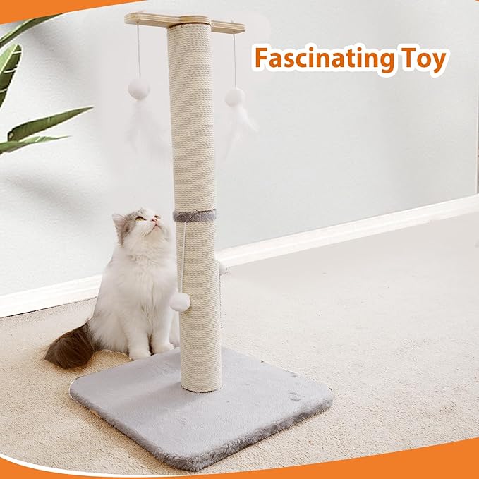 Cat Scratching Post, 29 Inch Tall Sisal Vertical Scratch Posts Cat Scratcher Scratching Deterrent with Cat Self Groomer Hair Brush and Dangling Plush Ball for Cats Small Kittens Christmas
