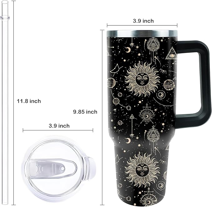 40 oz Tumbler with Handle and Straw, Stainless Steel Insulated Cup with Leak Proof Lid and Straw Lid, Keep Drinks Cold and Hot for Hours(Sun Moon)