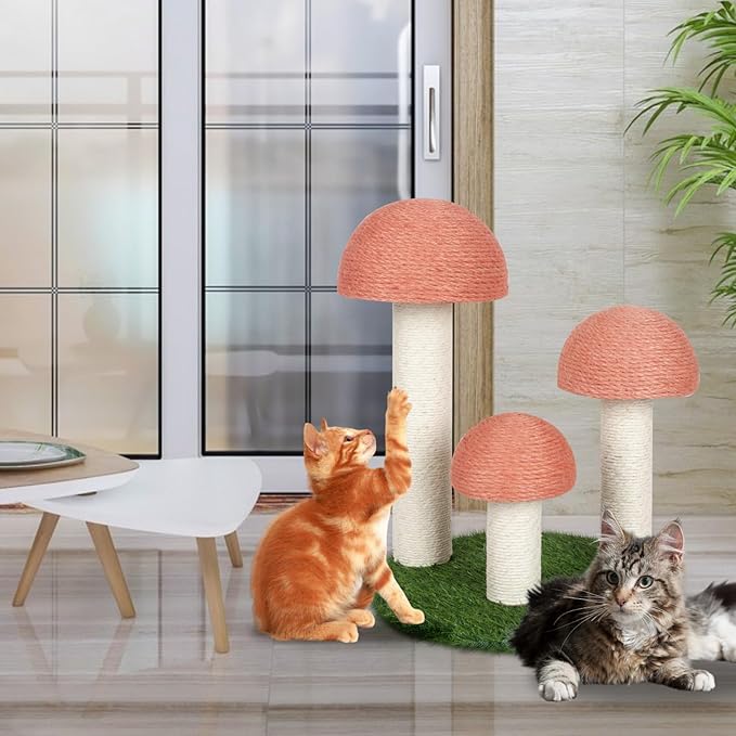 PowerKing Cat Scratching Post, Mushroom Claw Scratching Post for Cat, Natural Sisal Cat Scratchers with 3 Mushroom Pole, Cat Interactive Toys