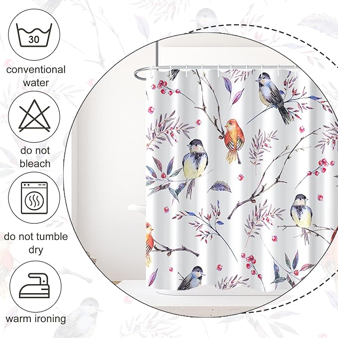 AWERT Cheery Birds on Tree Branch Shower Curtain for Bathroom Bird Shower Curtain with Hooks Colorful Waterproof Fabric Bathroom Accessories Bathtub Decor 72x84inch