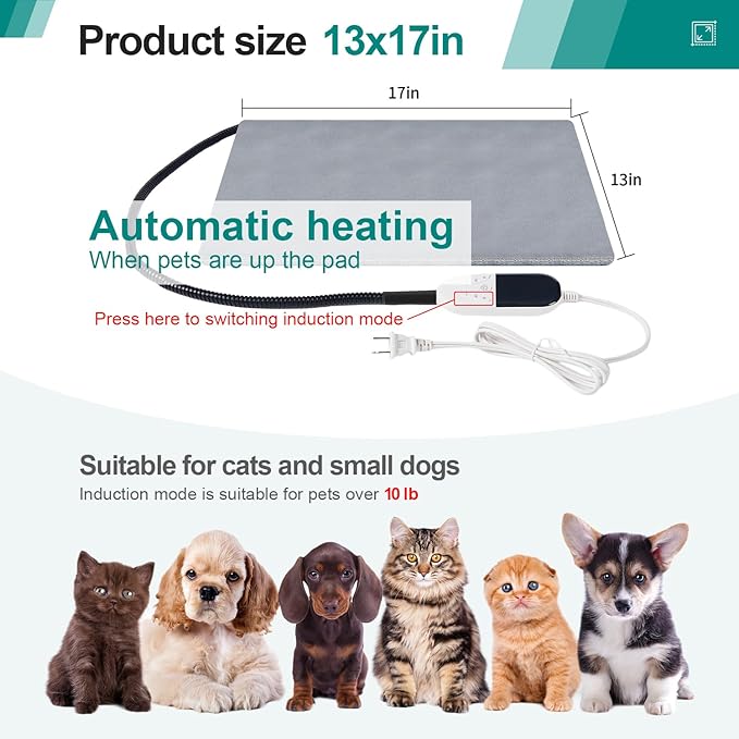 Smart Cat Heating Pad with Pressure Activated – Temperature Adjustable Heated Dog Bed with Timer - 13x17 inches - 30W - Pressure Activated Work for Pets Over 10 lbs