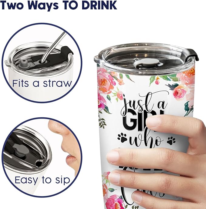 34HD Just A Girl Who Loves Cats Tumbler with Lid, 20 oz Stainless Steel Vacuum Insulated Tuxedo Coffee Mug, Cat Mom Gifts for Cat Lovers Women Birthday Mothers Day Christmas