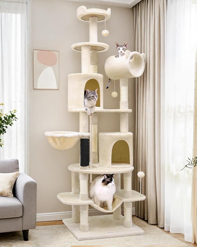 C81 Artistic Curved Cat Tower for Small Cats(Under 12 lbs), 81-inch Slim Design Cat Tree with Space-Saving Design, Indoor Cat Condo with Hammock & Tunnel, Beige, Non-Large Cats