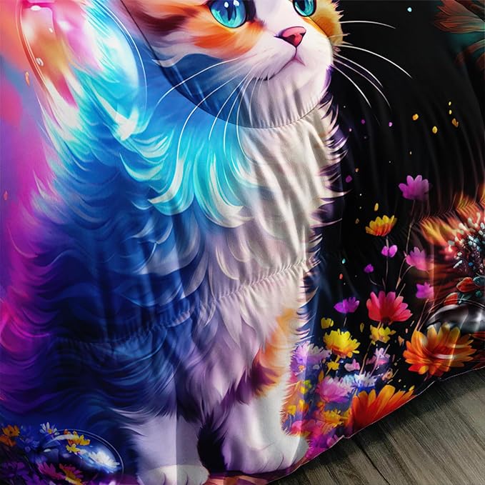 AILONEN Girls Cat Comforter Set Full Size, Cute Orange Cat Kawaii Bedding Set for Kids Boys,Botanical Floral Daisy Duvet Set 3 Pieces, 1 Quilt and 2 Pillowcases