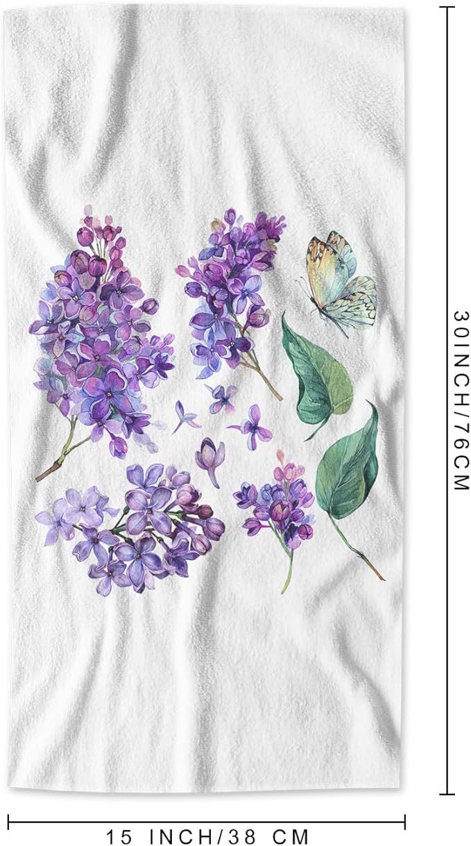 AOYEGO Purple Lilac Flowers Bathroom Towels Violet Floral Butterfly Green Leaf Soft Bath Hand Towels Microfiber Kitchen Hotel Spa Hand Towels 15x30 Inch
