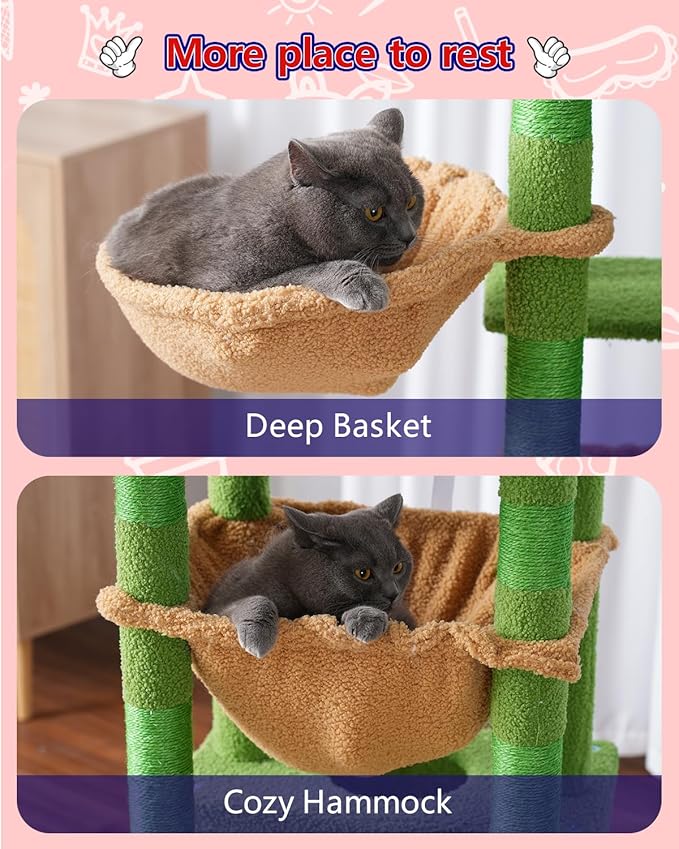Cat Tree for Indoor Cats Large Adult, 60.2 Cat Tower with Large Platforms, Cat condo, Cat Tree Tower with 8 Cat Scratching Posts, Cat Hammock, Green and Brown GCT030-MGY