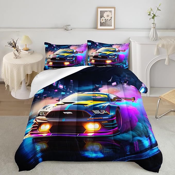 AILONEN Boys Kids Racing Car Bedding Set Twin Size,Neon City Speed Car Themed Soft Comforter with 2 Pillowcases for Room Decor,3 Pieces