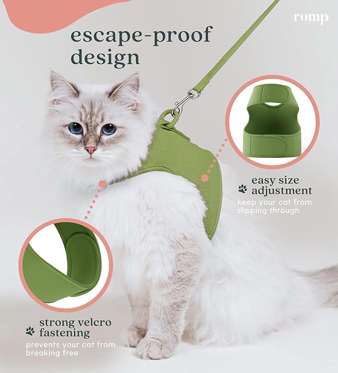 Cat Harness, Collar & Leash Set - Escape Proof Adjustable Choke Free Velcro Harness Vest for Walking Cats & Kittens (Matcha Green, Small)