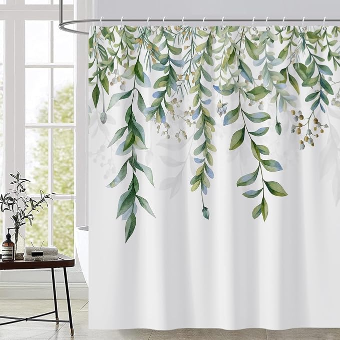 AWERT Green Mixed Light Blue Plant Shower Curtain with 12 Hooks Decorative Sage Green Shower Curtain for Bathroom Waterproof Fabric 72x84inch