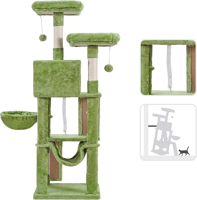 Heybly Cat Tree, Cat Tower for Indoor Cats,Multi-Level Cat Furniture Condo for Cats with Padded Plush Perch, Cozy Basket and Scratching Board Smoky Green HCT014GR