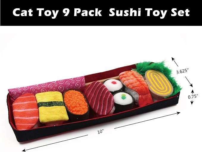 9 Assortments Pack Value Toy and Teaser Set, Interactive Catnip Cat Toys, Crinkle Toys, Feather Wand Toy, Accessories for Indoor Cat (Sushi Set)