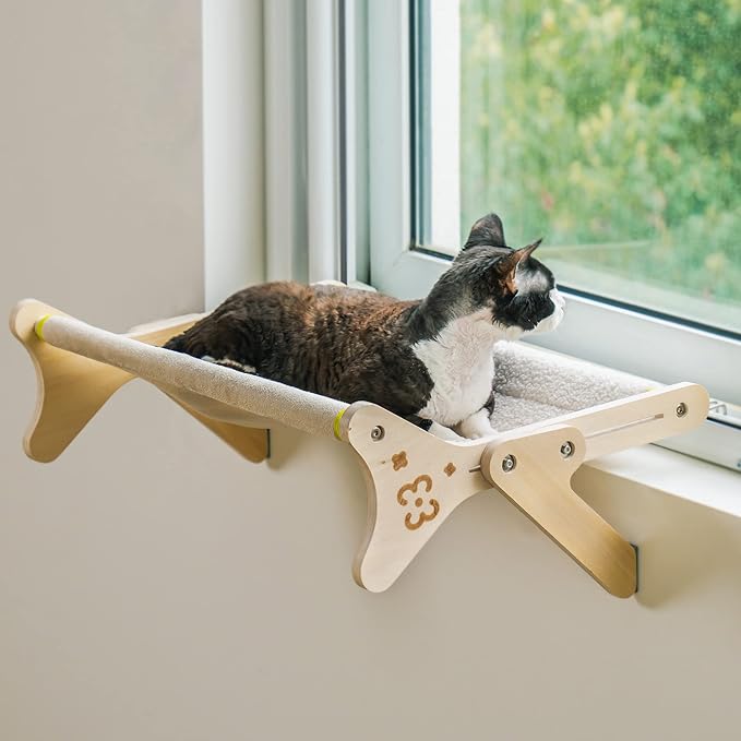 Cat Window Perch Cat Window Hammock for Indoor Cats Steady Sturdy Adjustable Cat Bed Providing All-Around Sunbath Space Saving Washable (Beige, Medium)