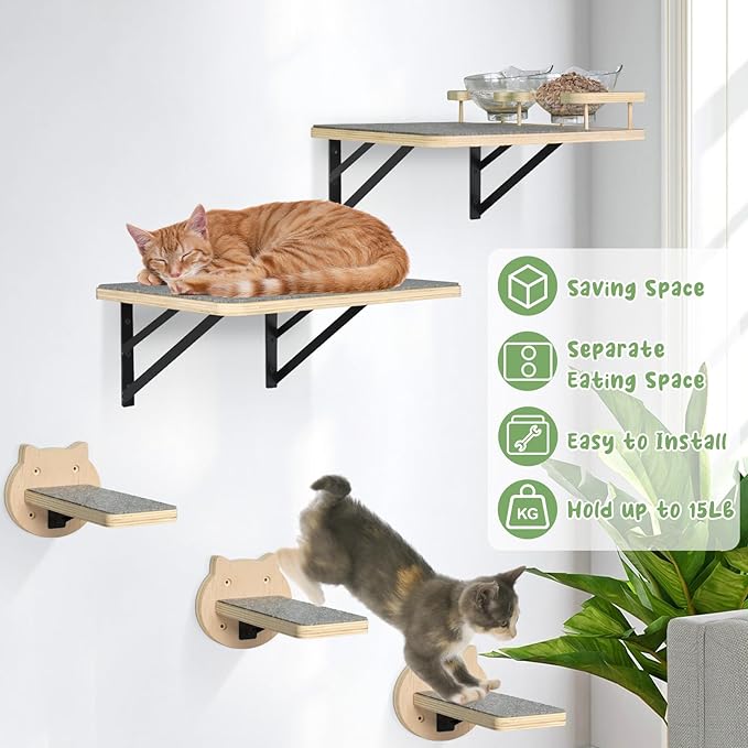 Cat Wall Shelves Set of 2, Cat Shelves and Perches for Wall, Cat Shelves Wall Mount for Large Cat, Cat Wall Furniture with 3 Cat Wall Steps, Cat Climbing Shelf, Cat Wall Shelf with 2 Cat Food Shelf