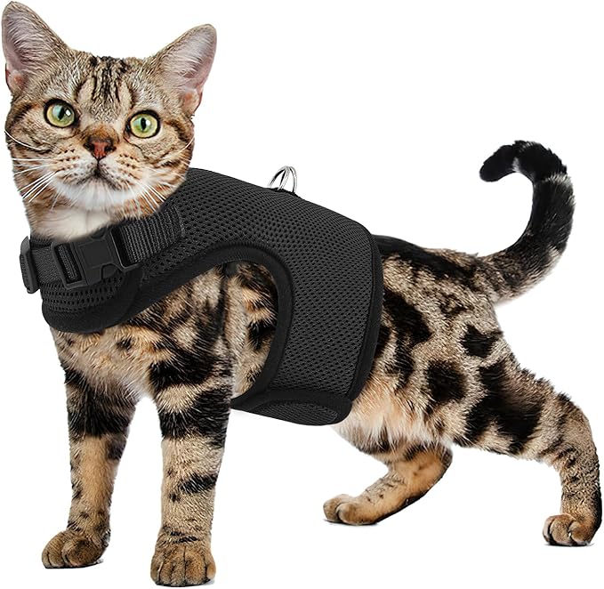 MoNiBloom Soft Cat Harness for Walking Escape Proof and Travel, Kitten Adjustable Breathable Vest Harness - Black, S