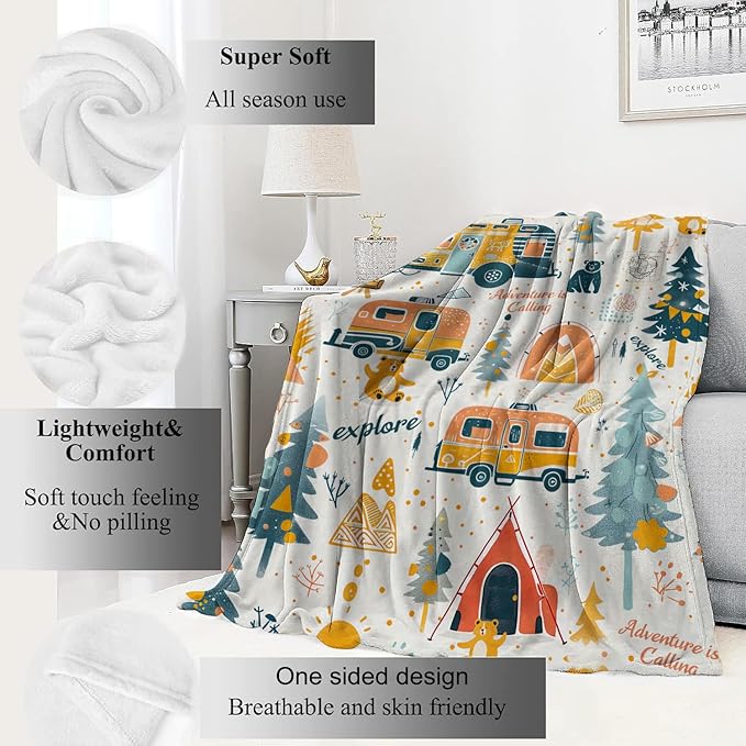 Adventure Camping Blanket Outdoor Camper Picnic Throw Blankets Gifts for Girls Adults Lightweight Soft Fleece Cozy for Sofa Couch Bed Room Travel Birthday Party Decor 60x80in