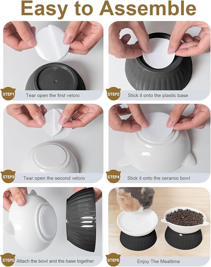 2 Ceramic Raised Cat Food Bowls, Elevated Cat Food and Water Bowl Set, Pet Bowl for Indoor Cats and Small Dogs, Anti-Vomiting Cat Dog Feeder with Plastic Base, Dishwasher Safe, Black…