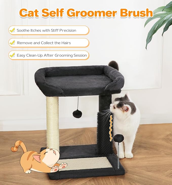 Made4Pets Small Cat Tree Tower, Cat Scratching Post 4-in-1 with Cat Self Groomer Brush, 20" Tall Natural Sisal Cat Scratcher, Soft Plush Cat Perch Bed with Dangling Ball for Indoor Kittens, Dark Grey