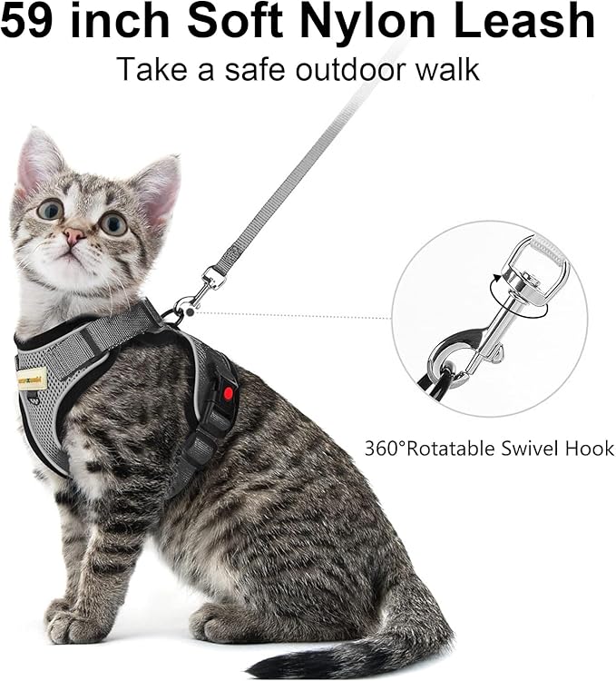 Cat Harness and Leash for Walking, Retractable Cat Harnesses and Leash Set Escape Proof, Breathable Soft Kitten Harness Small Large Cat Harness for Travel Training and Walking, Grey, S