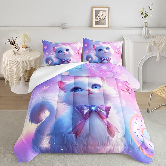 AILONEN Kids Cat Comforter Set Full Size,Kawaii Kitten Comforter for Girls,Colorful Rainbow Cat Bedding Set 3 Pieces,1 Comforter with 2 Pillowcases