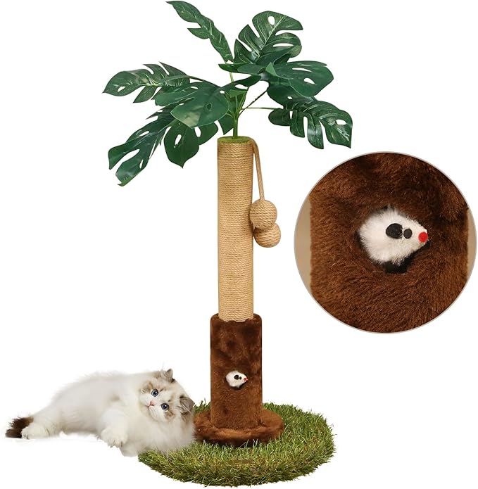 Cat Scratching Posts Cat Trees 26.4" Tall with Sisal Rope Cat Toy and Hanging Ball for Indoor,Wooden Palm Tree Cat Scratch Pole for All Cat