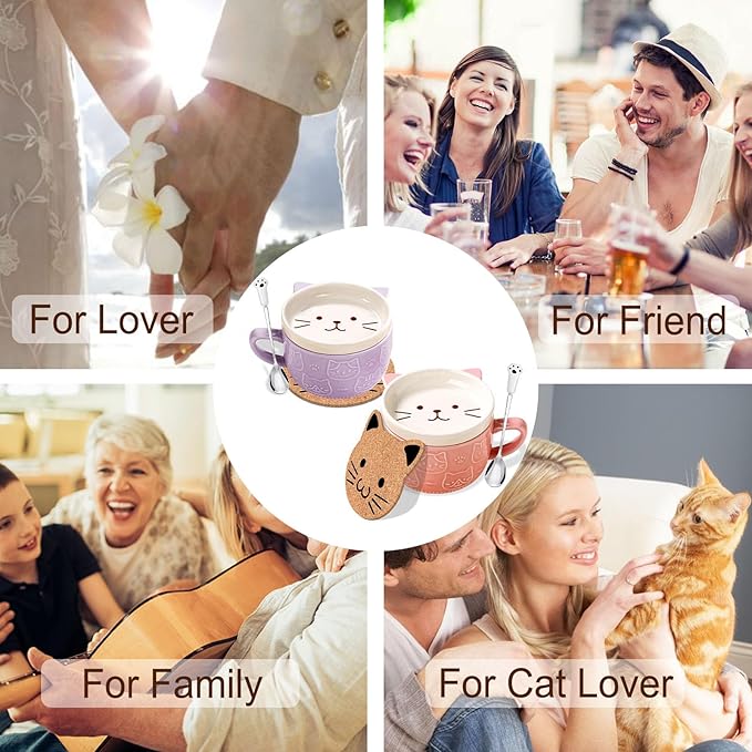 2PCS Cute Mug Kawaii cat Tea Cup Ceramic Coffee Mug with lid,Tea Cups and Saucers for Dessert Tea Mug Cute Gifts Cat lover gifts for women Anime gifts for women Christmas Gifts 10oz (Pink +Purple)