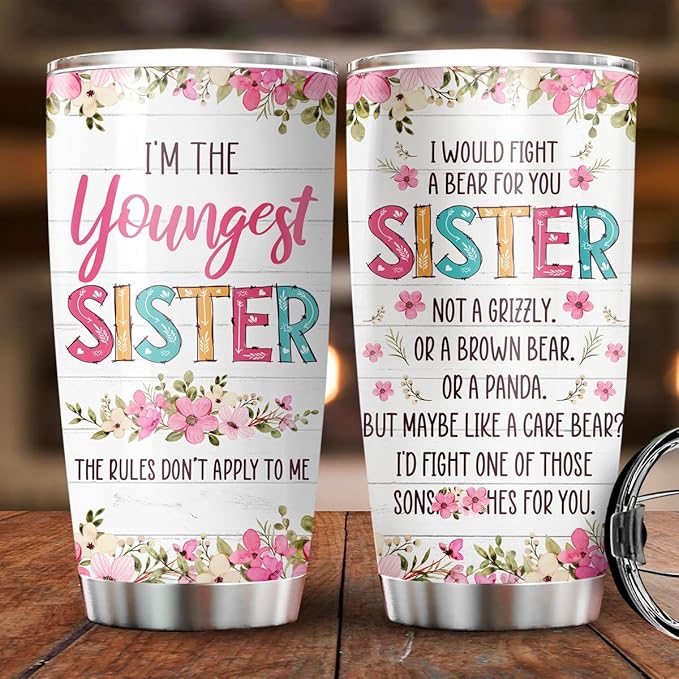 34HD Sister Gifts from Sister, Lilttle Sister Tumbler with Lid 20 oz Stainless Steel, I Would Fight A Bear for You Sister Mug, Sister Coffee Mug, Lil Sister Gifts