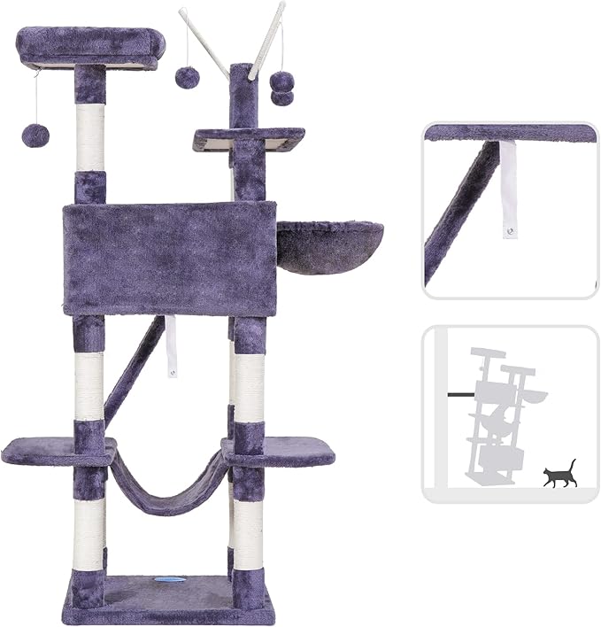Hey-brother Cat Tree, 61 inch Cat Tower for Indoor Cats, Cat House with Padded Platform Bed, Toy Balls, Large Cozy Condo, Hammocks and Sisal Scratching Posts, Smoky Gray MPJ019G