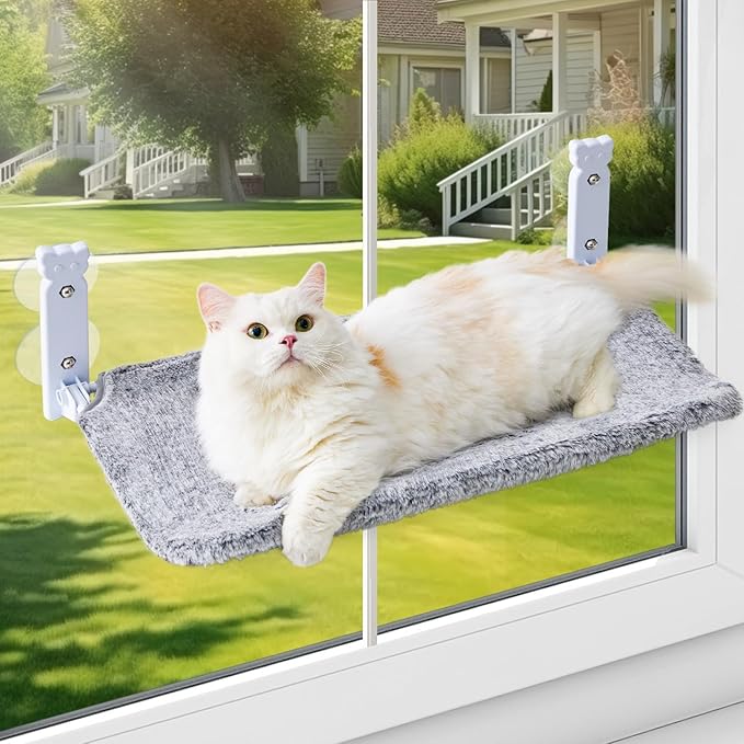 Cat Window Perch for Cats Inside, Foldable Cat Window Hammock for Large Cats Indoor, Cordless Cat Window Bed Seat with 4 Suction Cups, Sturdy Metal Frame, Soft Reversible Cover, Large, Grey