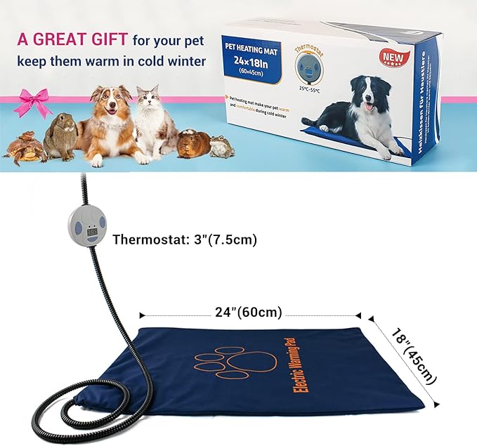 NAMSAN Heated Cat Bed, 7-Level Adjustable Temperature Rabbit Warming Mat, Outdoor/Indoor Dog Cage Heating Pad with Chew Resistant Cord, Blue